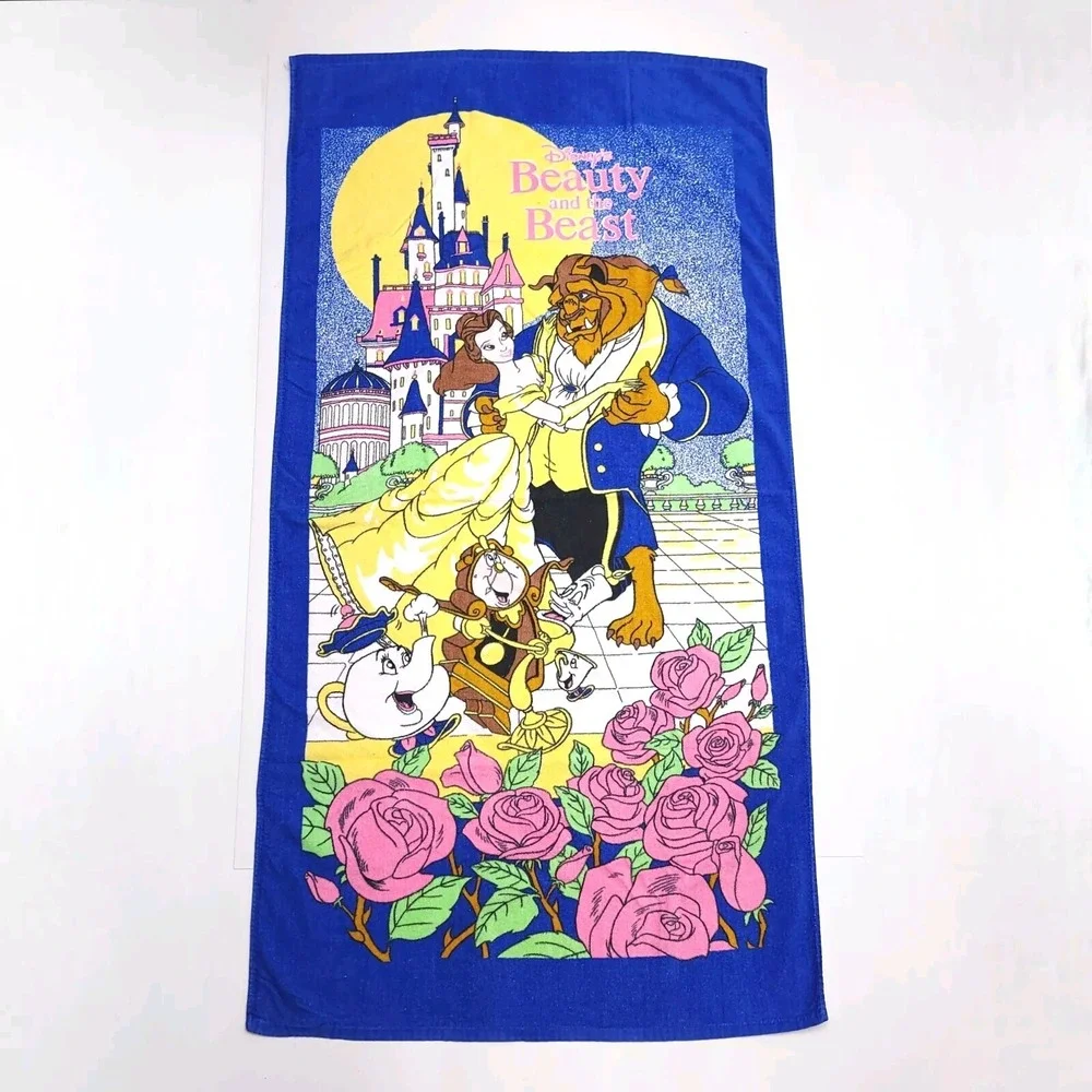 Vintage 90s Disney Beauty and the Beast Bath Beach Towel Cotton Franco EUC Vivid